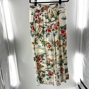 Womens LARGE (12-14) Linen Relaxed Fit Wide Leg Elastic Waist Pants Hawaiian Art